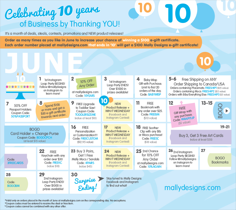 Mally Designs 10th Birthday Month Long Events Calendar
