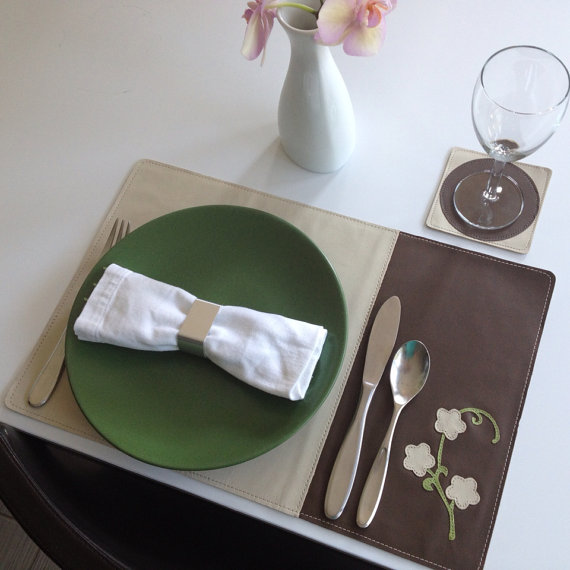 beige and lime flowers leather placemat