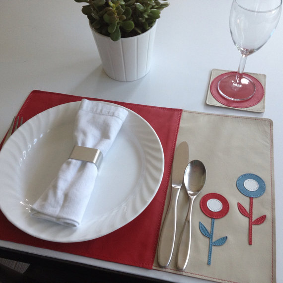 Mally Designs Leather Placemat - Red & Blue Flowers