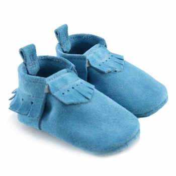 Arctic Blue Lux Suede Mally Mocs With Fringe